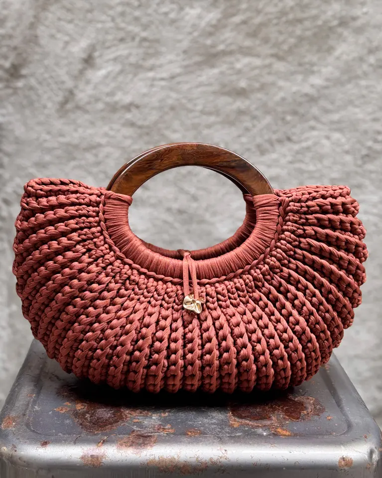 Coquille Ondine Rouiller borsa artigianale in tessuto morbido, elegante e luminosa, con bottone stropicciato oro, unica e Made in Italy
